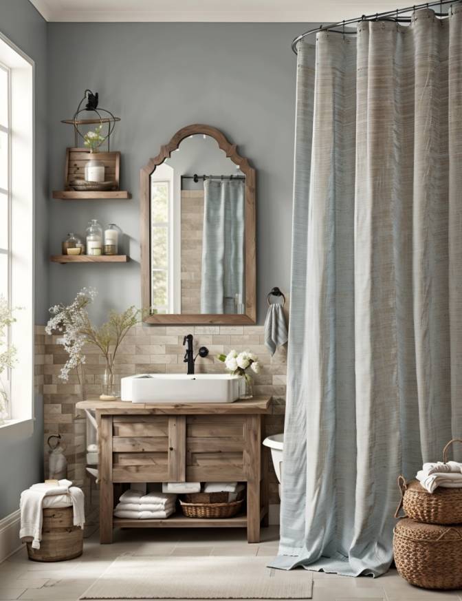 Farmhouse Bathroom Double Shower Curtain Ideas