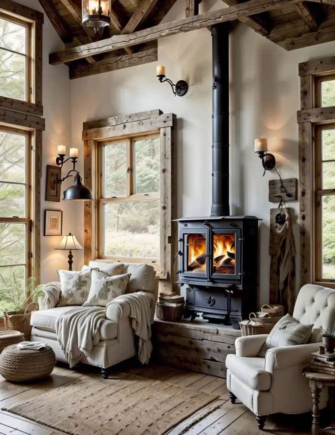 Wood Stoves in Farmhouse Living Rooms
