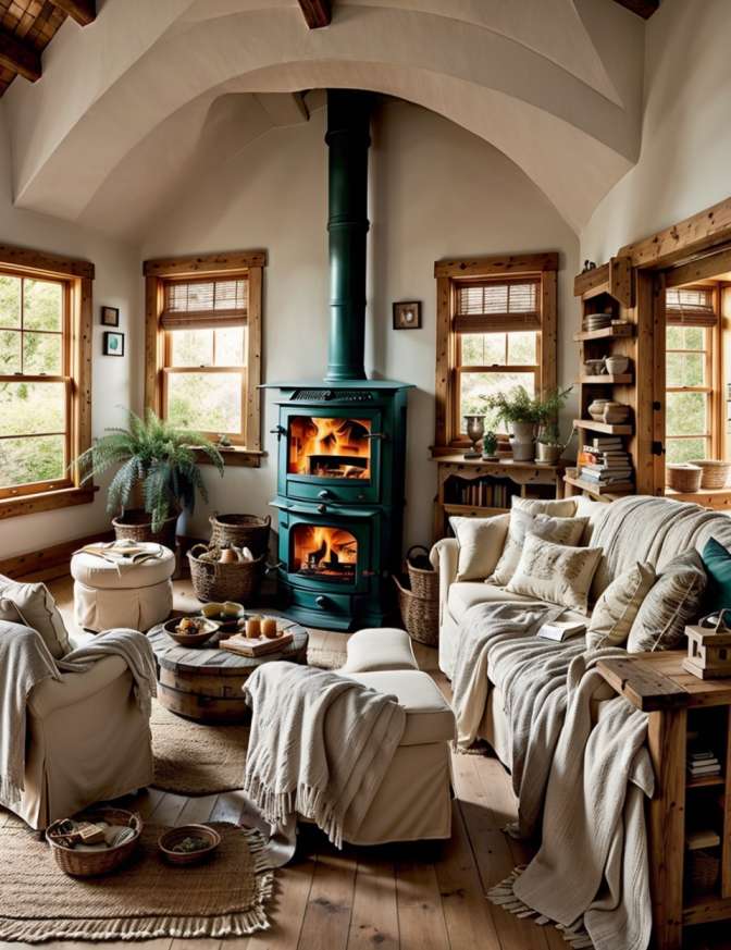 Wood Stoves in Farmhouse Living Rooms