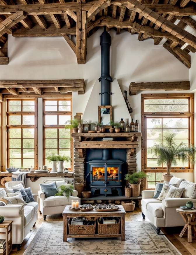 Wood Stoves in Farmhouse Living Rooms