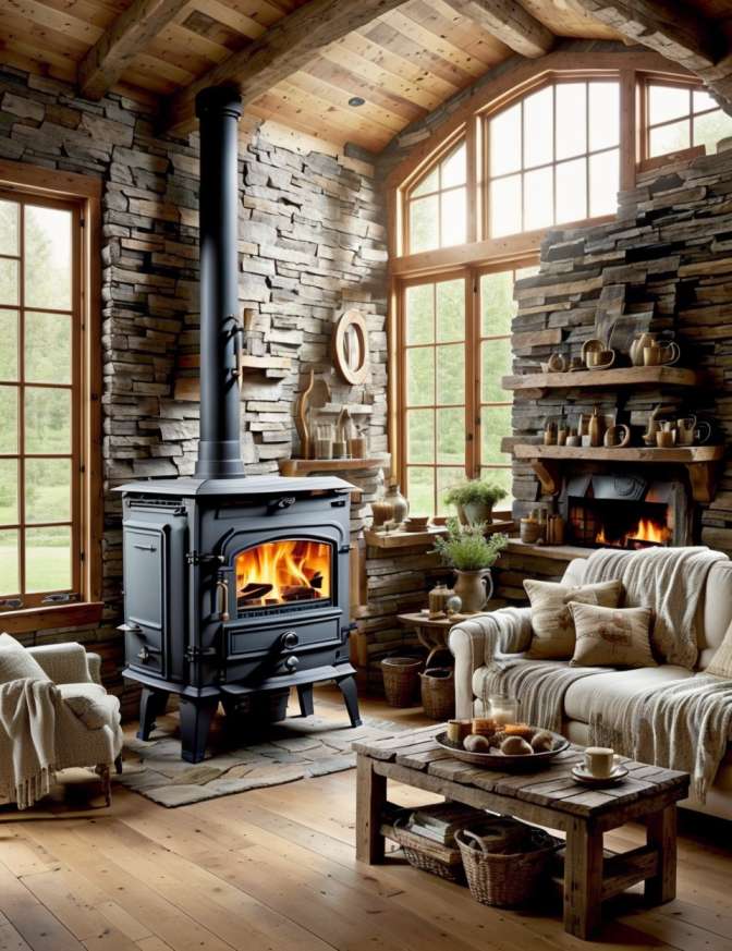 Wood Stoves in Farmhouse Living Rooms