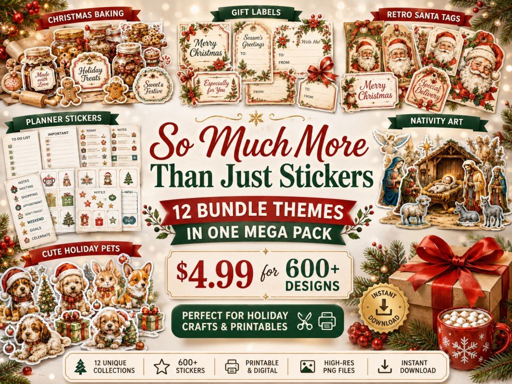 600+ Christmas Printable Sticker Mega Bundle