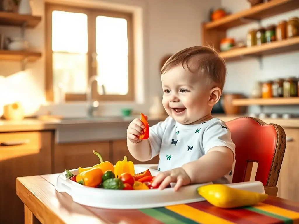 Starting solids baby eating colorful vegetables