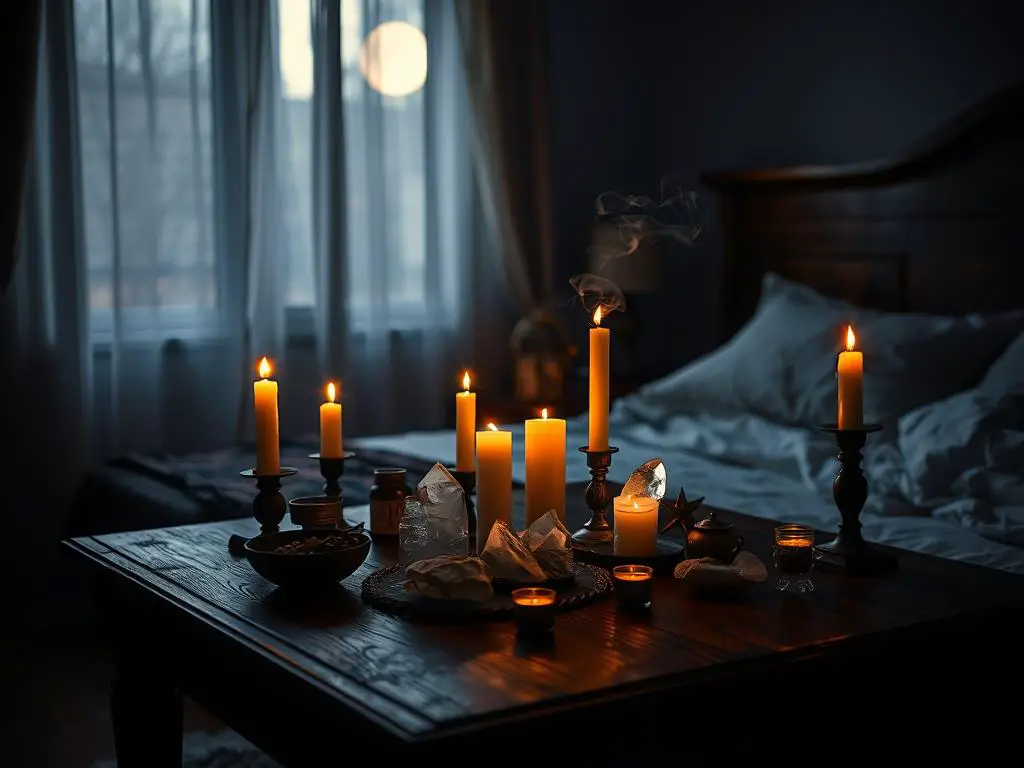 lunar manifestation setup with candles and crystals lunar manifestation setup with candles and crystals