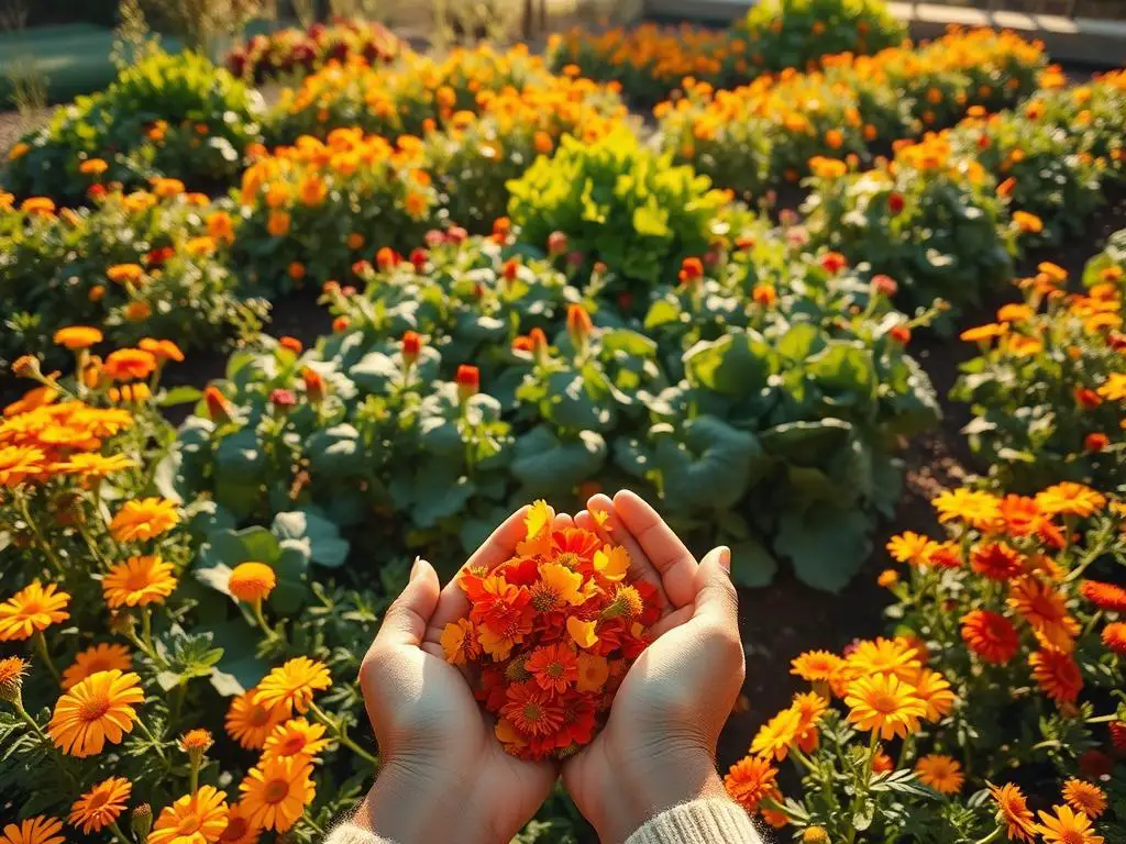 harvesting fall edible blooms from seasonal garden